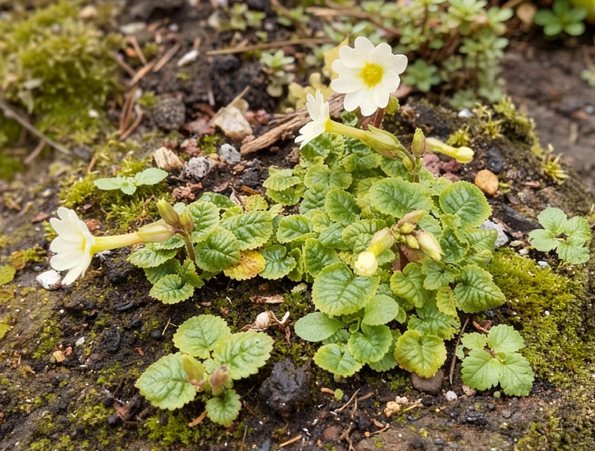 Primula 'Lady Greer' en fleurs dans un sol frais et humifère